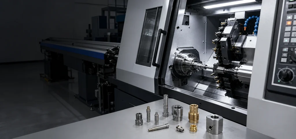 Swiss CNC machine producing precision turned components
