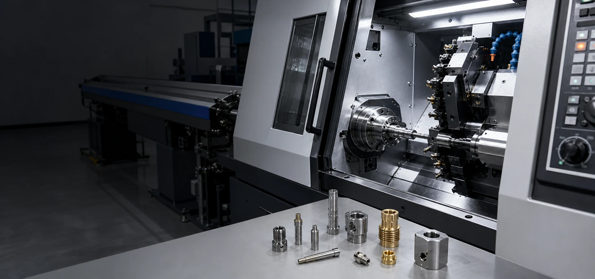 Swiss CNC machine producing precision turned components