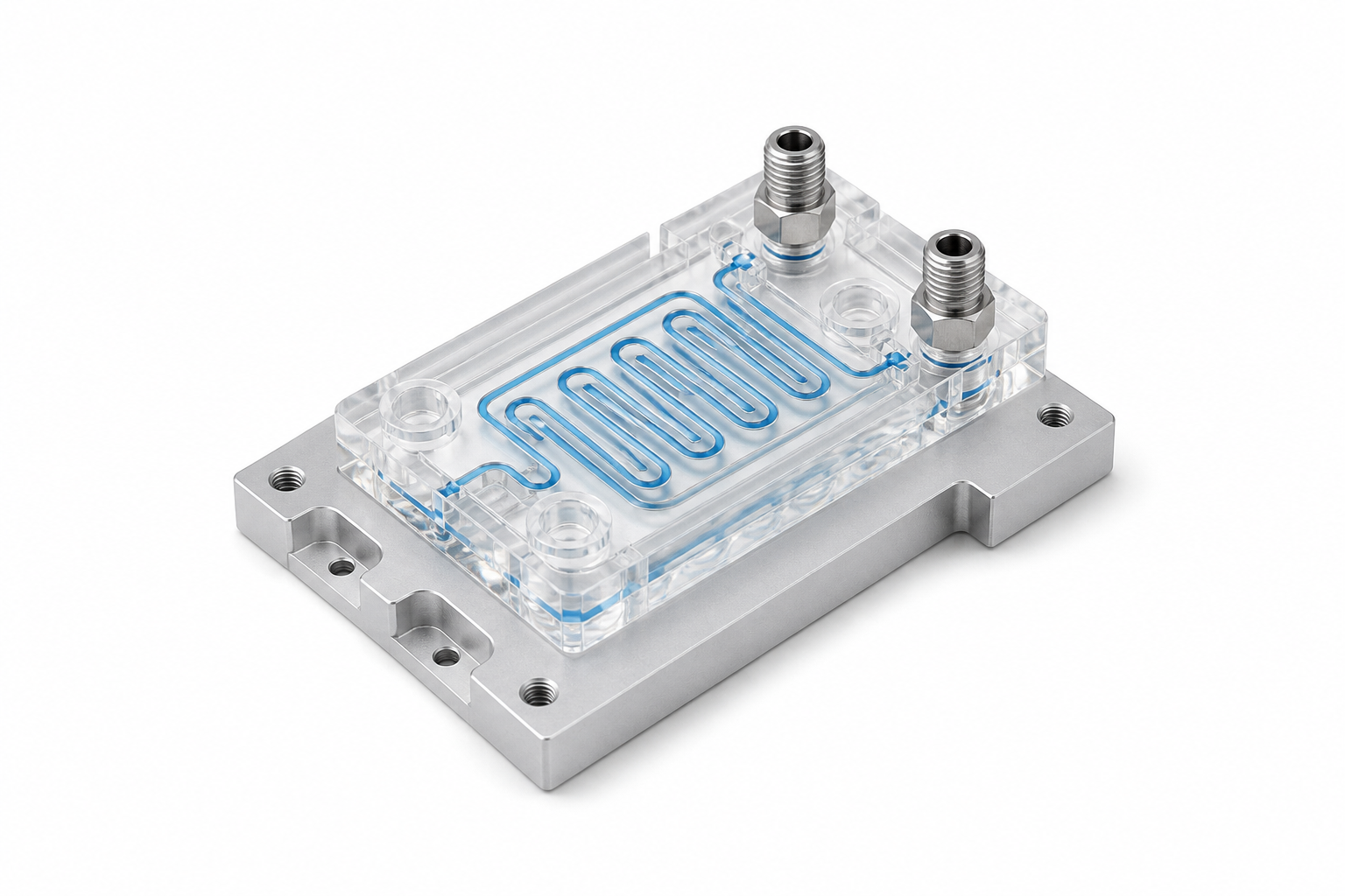 Precision machined PMMA microfluidic chip and aluminum fixture
