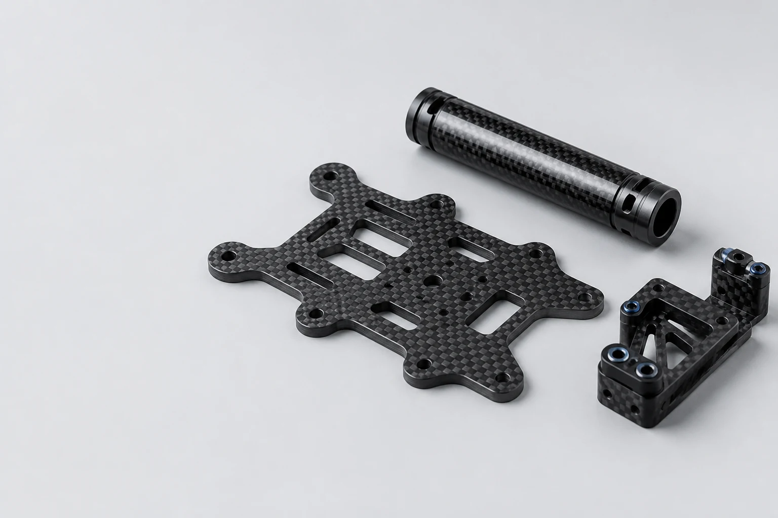 Precision machined carbon fiber UAV plate, tube and lightweight bracket on a light studio background