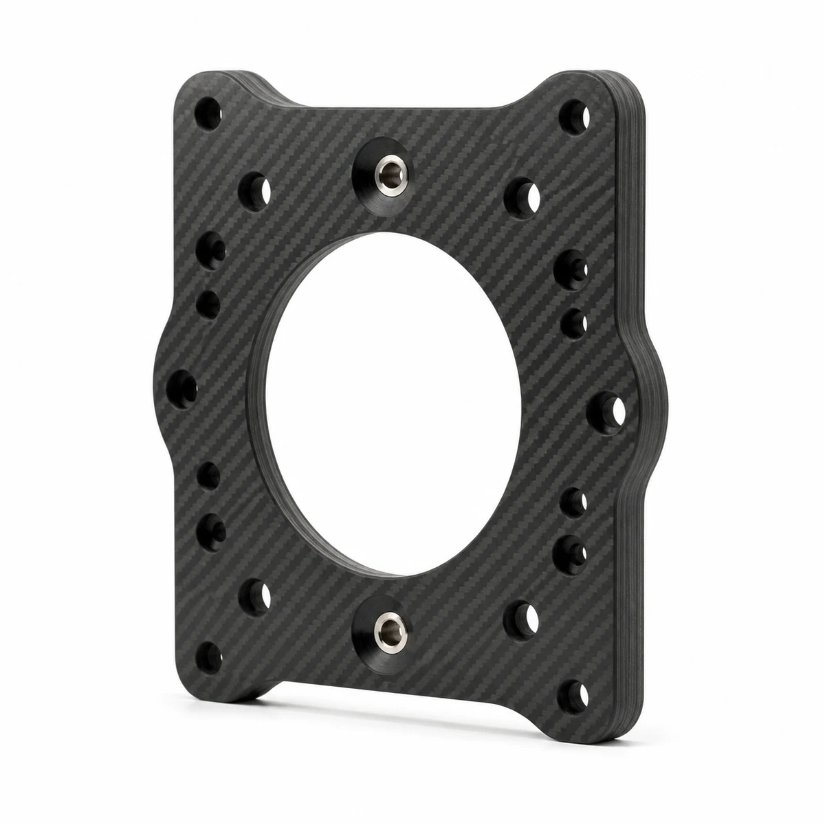 White background product view of a precision machined carbon fiber instrument mounting panel