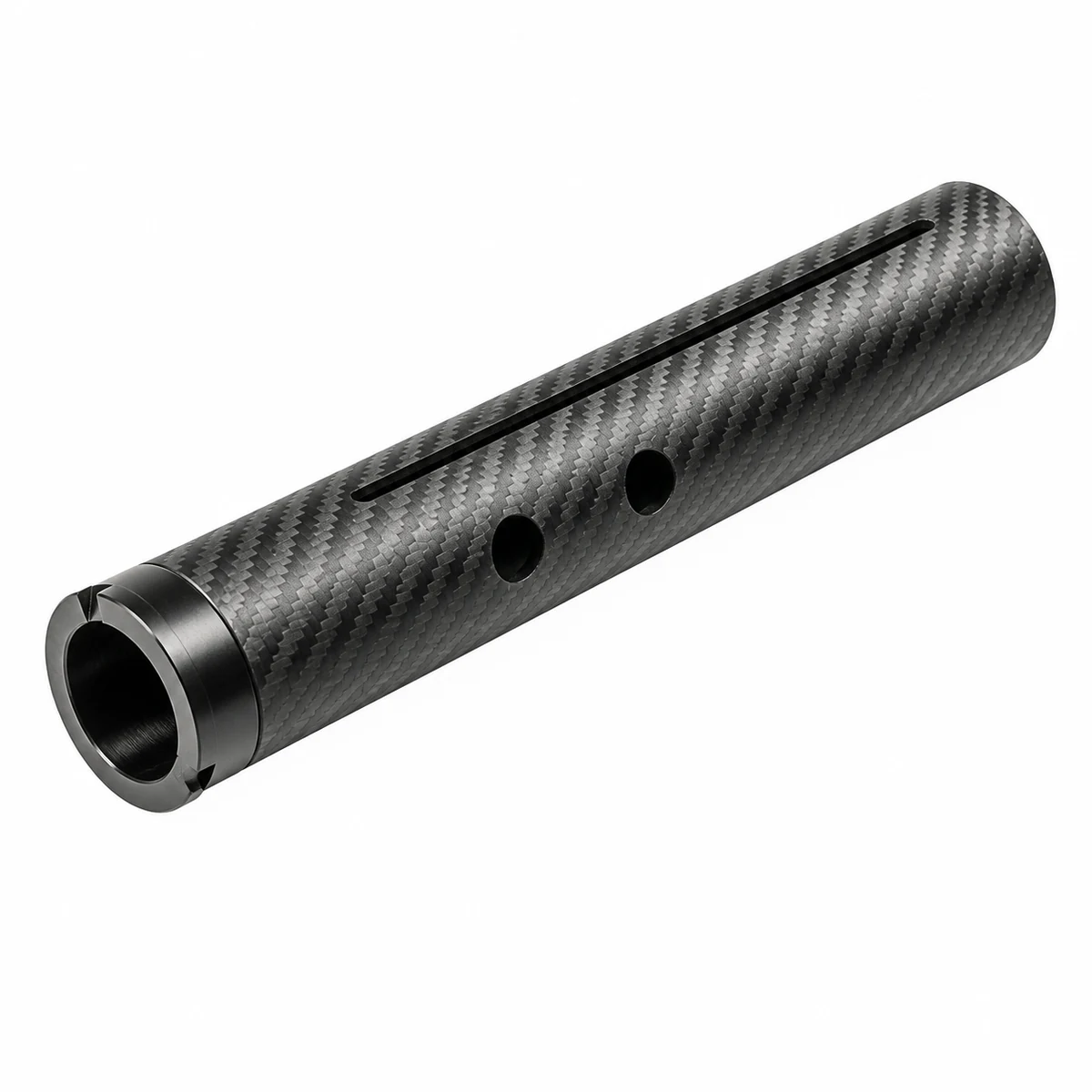 White background product view of a carbon fiber tube with machined slot, cross holes and end insert