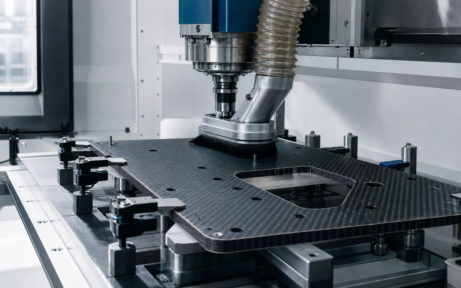 Enclosed CNC machine routing a supported carbon fiber plate with local dust extraction