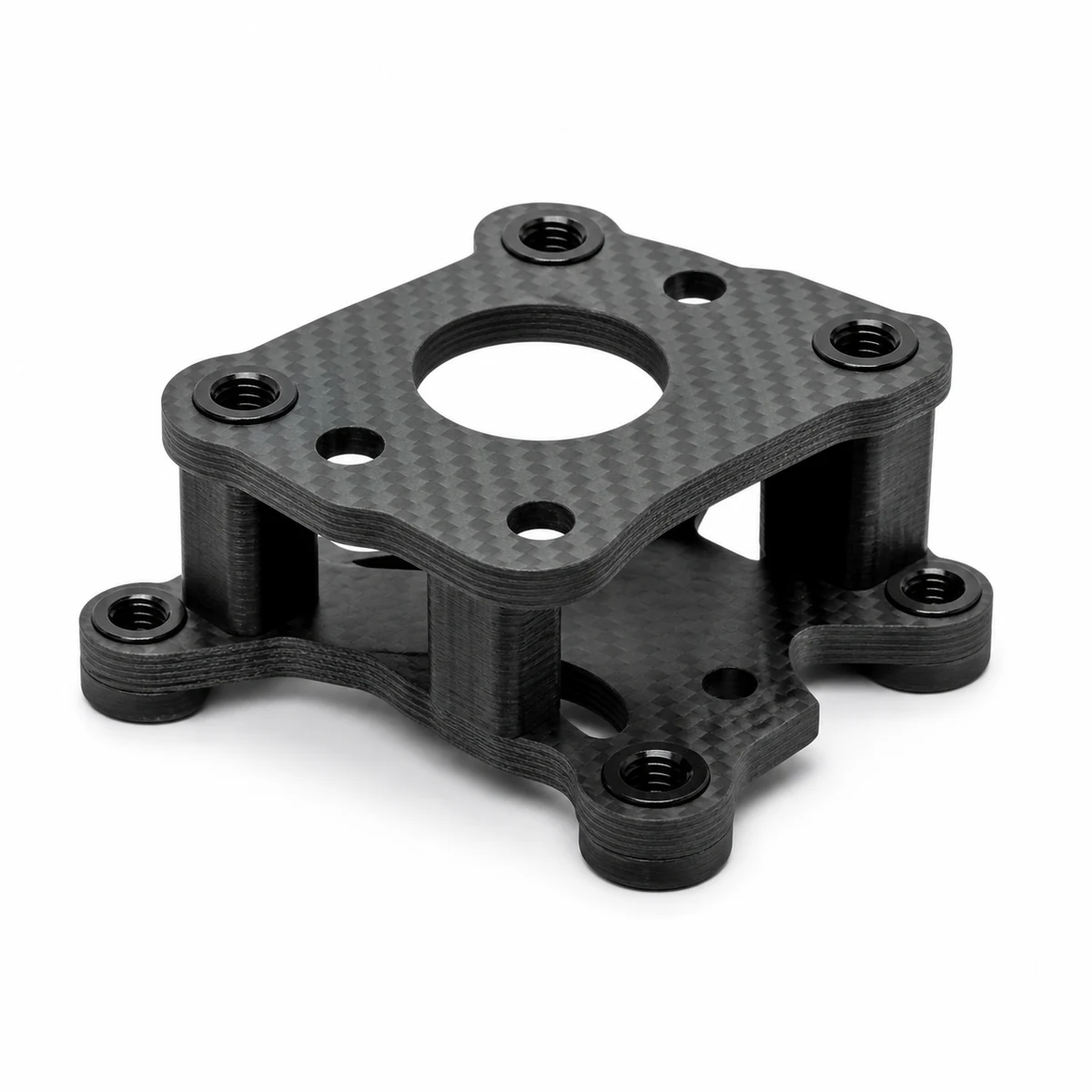 White background product view of a machined carbon fiber robotic mounting bracket with threaded inserts