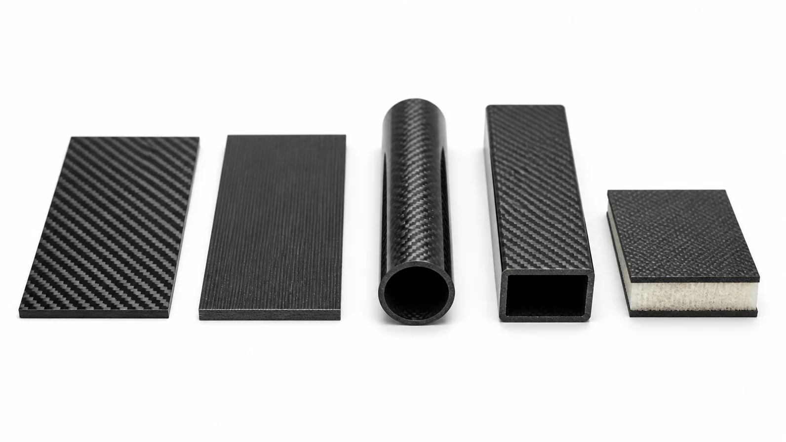 Woven and unidirectional carbon fiber plates, round tube, rectangular tube and sandwich panel stock forms