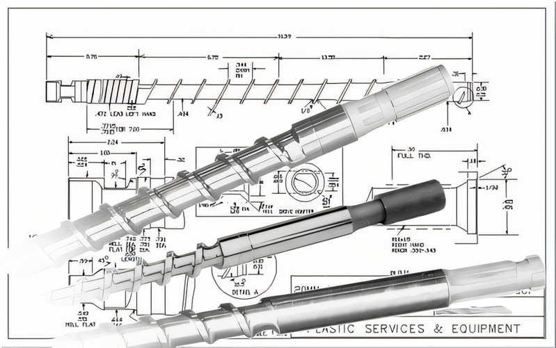 Custom shaft components arranged over an engineering drawing