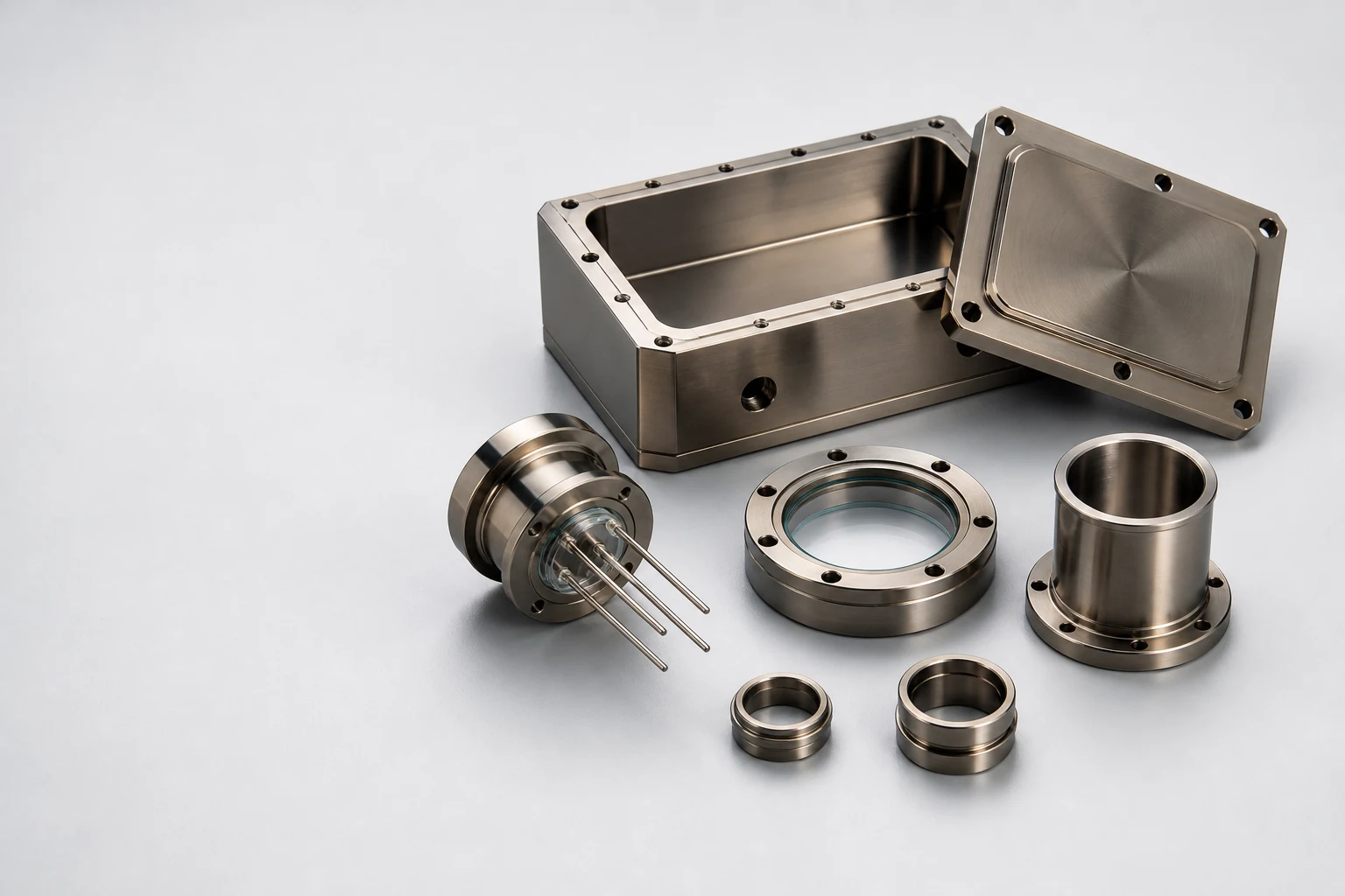 Precision machined Kovar hermetic package, feedthroughs, sealing rings and sensor housing