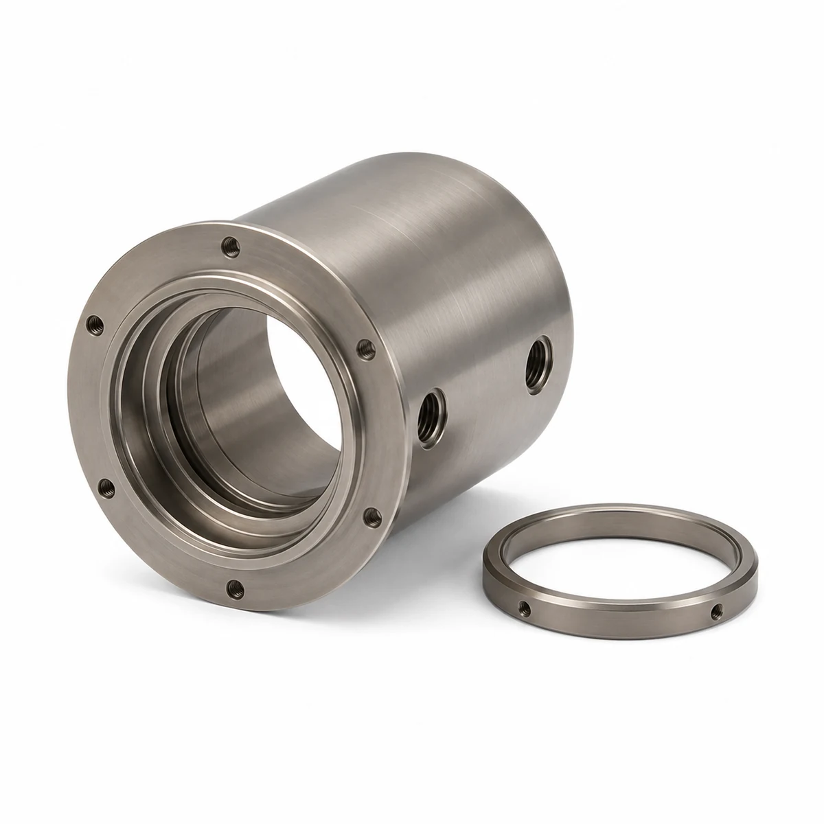 White background product view of a thin-wall Kovar optical sensor housing and retaining ring