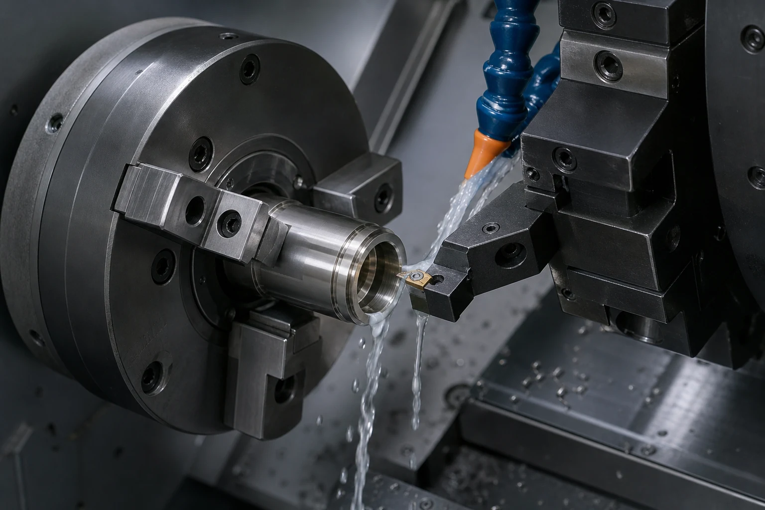 Enclosed CNC lathe turning a Kovar sealing component with directed coolant and stable workholding