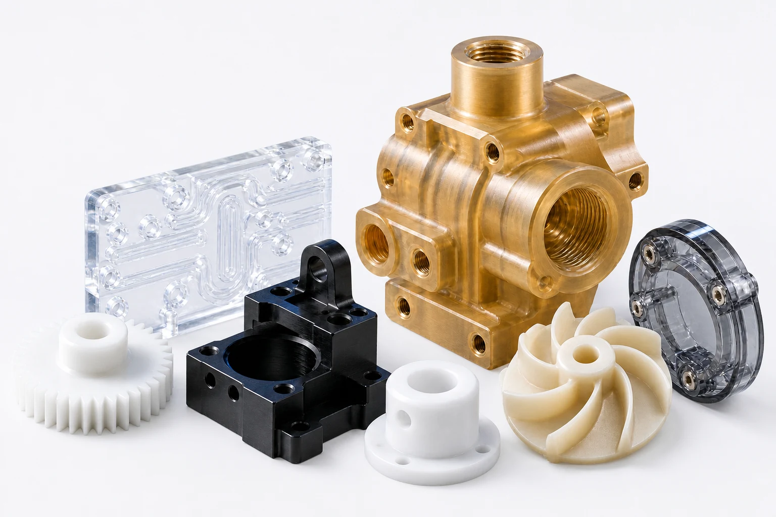 Precision CNC machined PEEK, POM, acrylic, PTFE, nylon and polycarbonate components on a light studio background