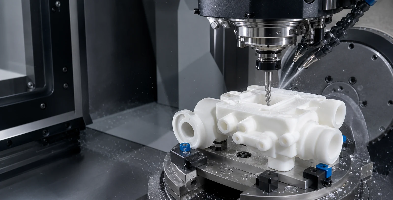 Five-axis CNC milling machine finishing a complex white POM engineering plastic manifold