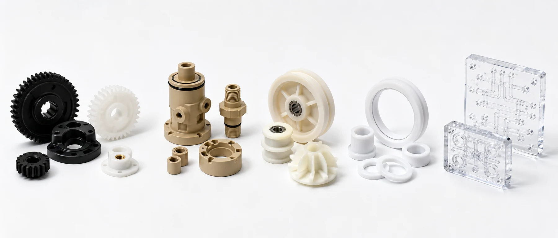 CNC machined POM, PEEK, nylon, PTFE and acrylic component families arranged on a white background