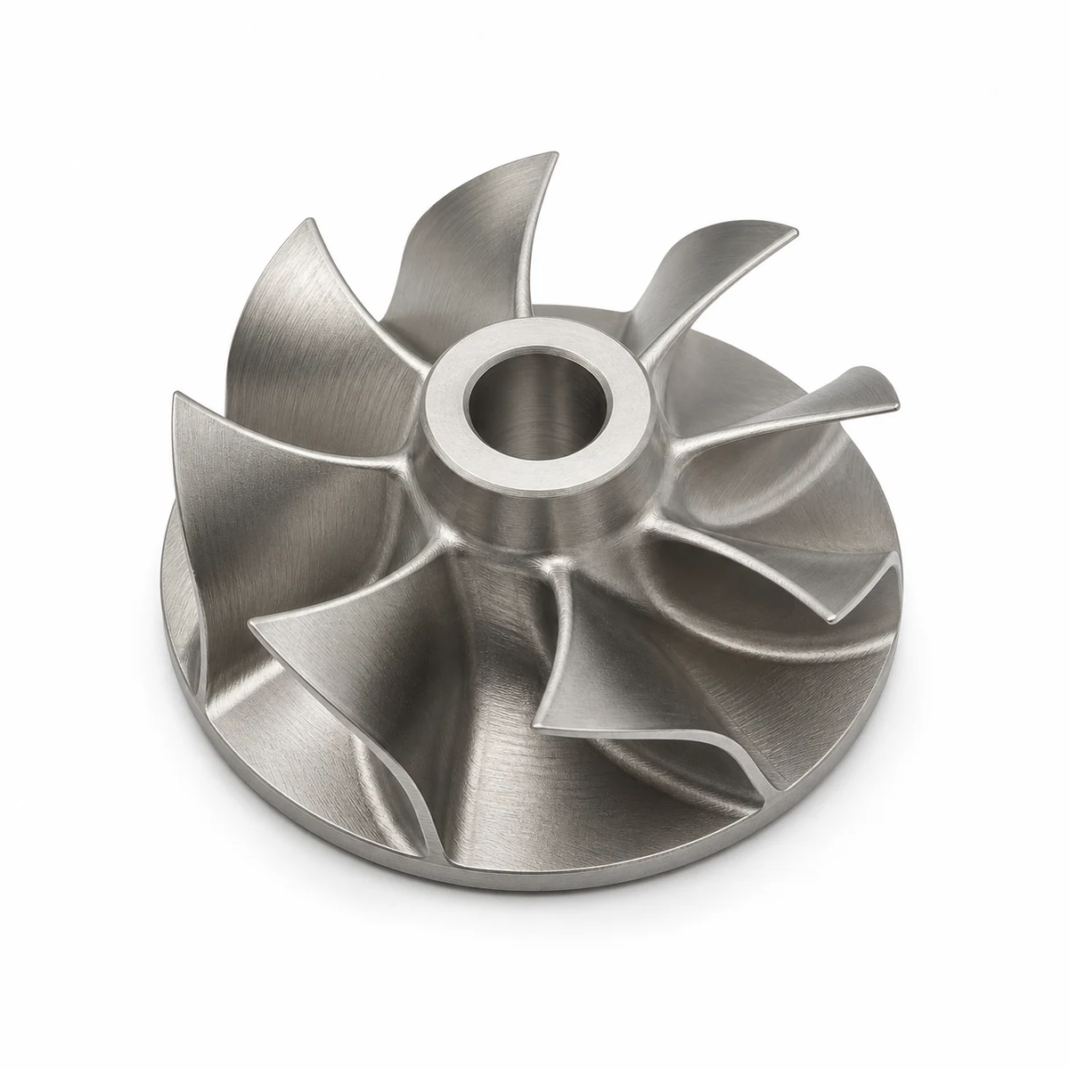 White background product view of a precision machined nickel superalloy radial impeller