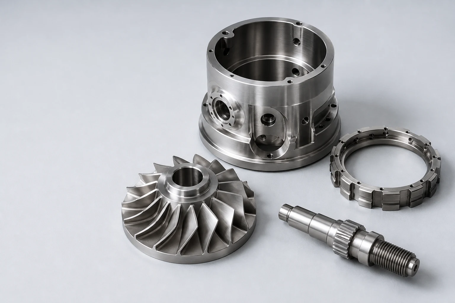Precision machined nickel superalloy impeller, thin-wall housing, retaining ring and threaded shaft