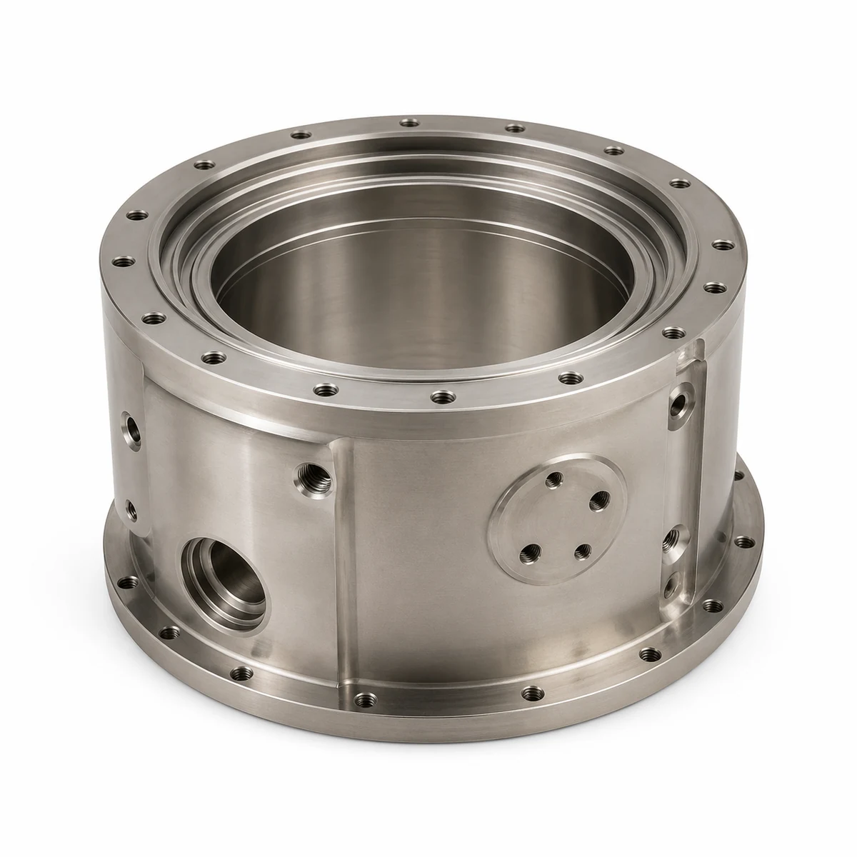 White background product view of a thin-wall nickel superalloy housing with precision bores and ports