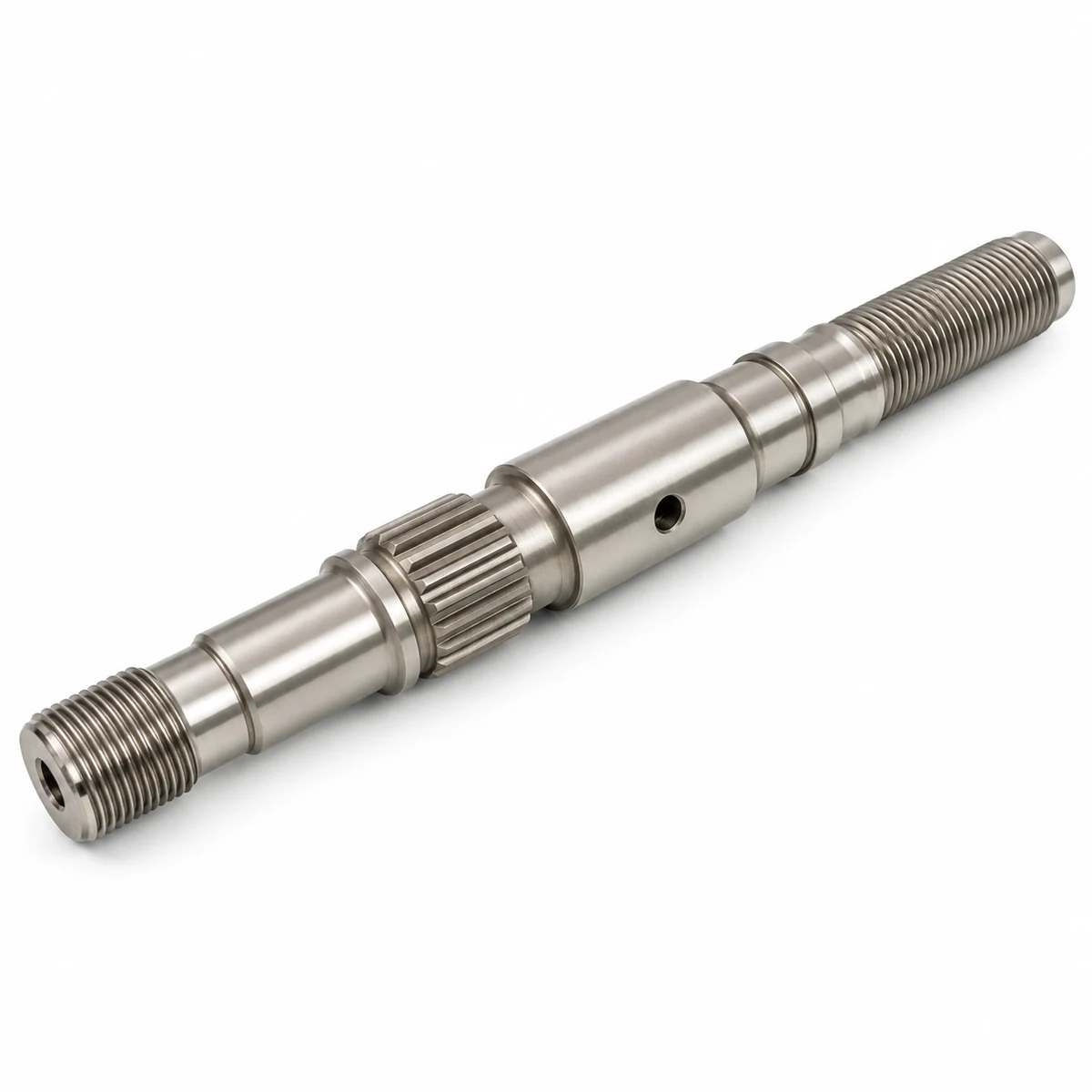 White background product view of a precision turned nickel superalloy threaded shaft with ground journals