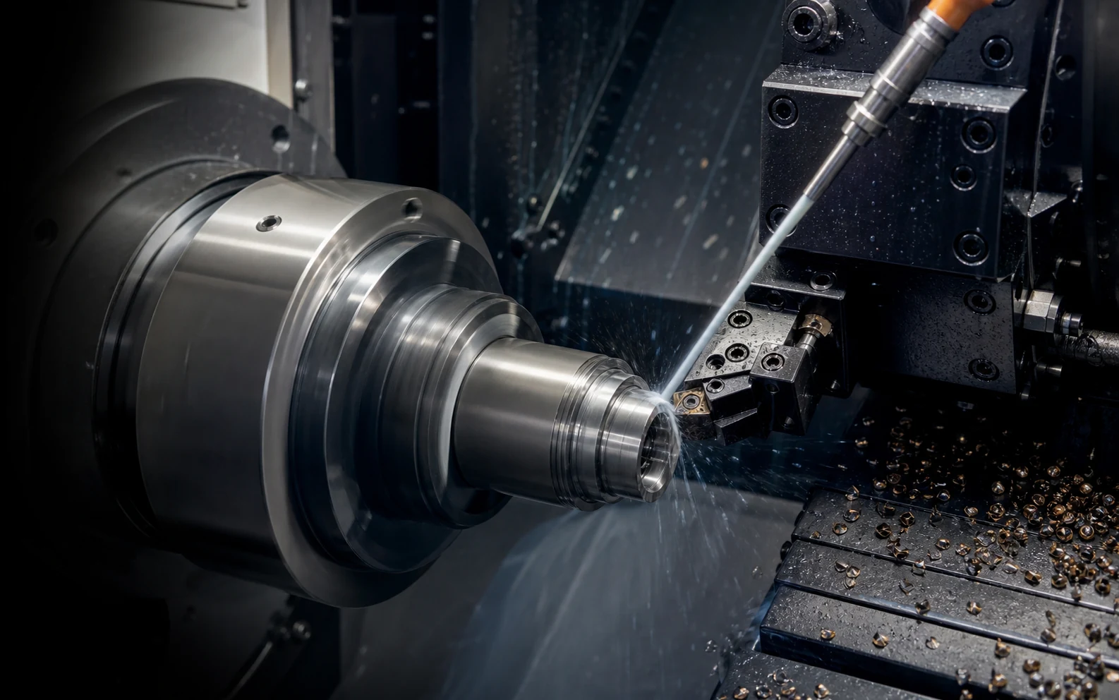 Enclosed CNC lathe turning a nickel superalloy component with directed coolant and controlled chip evacuation