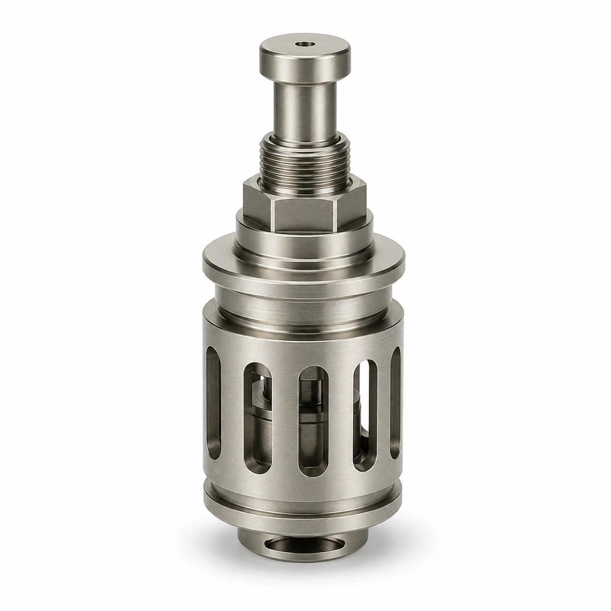 White background product view of a machined nickel alloy valve cage and stem component