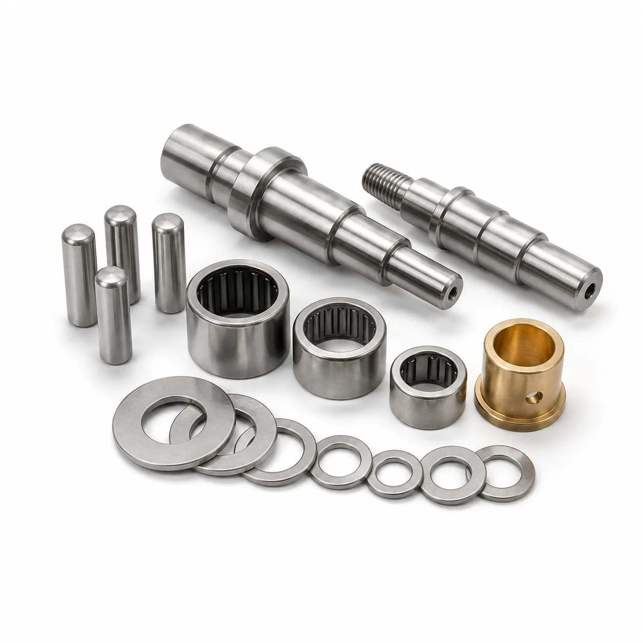 Precision UAV servo shafts, dowel pins, bearing sleeves, spacers and bronze bushing on a white background