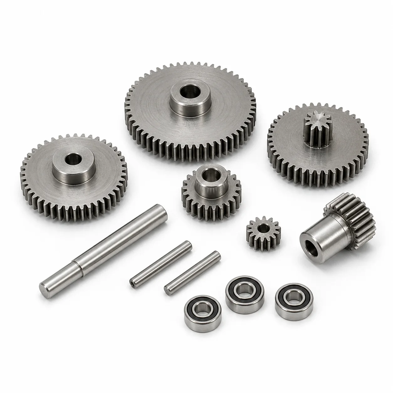 Precision steel gear train components and pins for a UAV servo on a white background