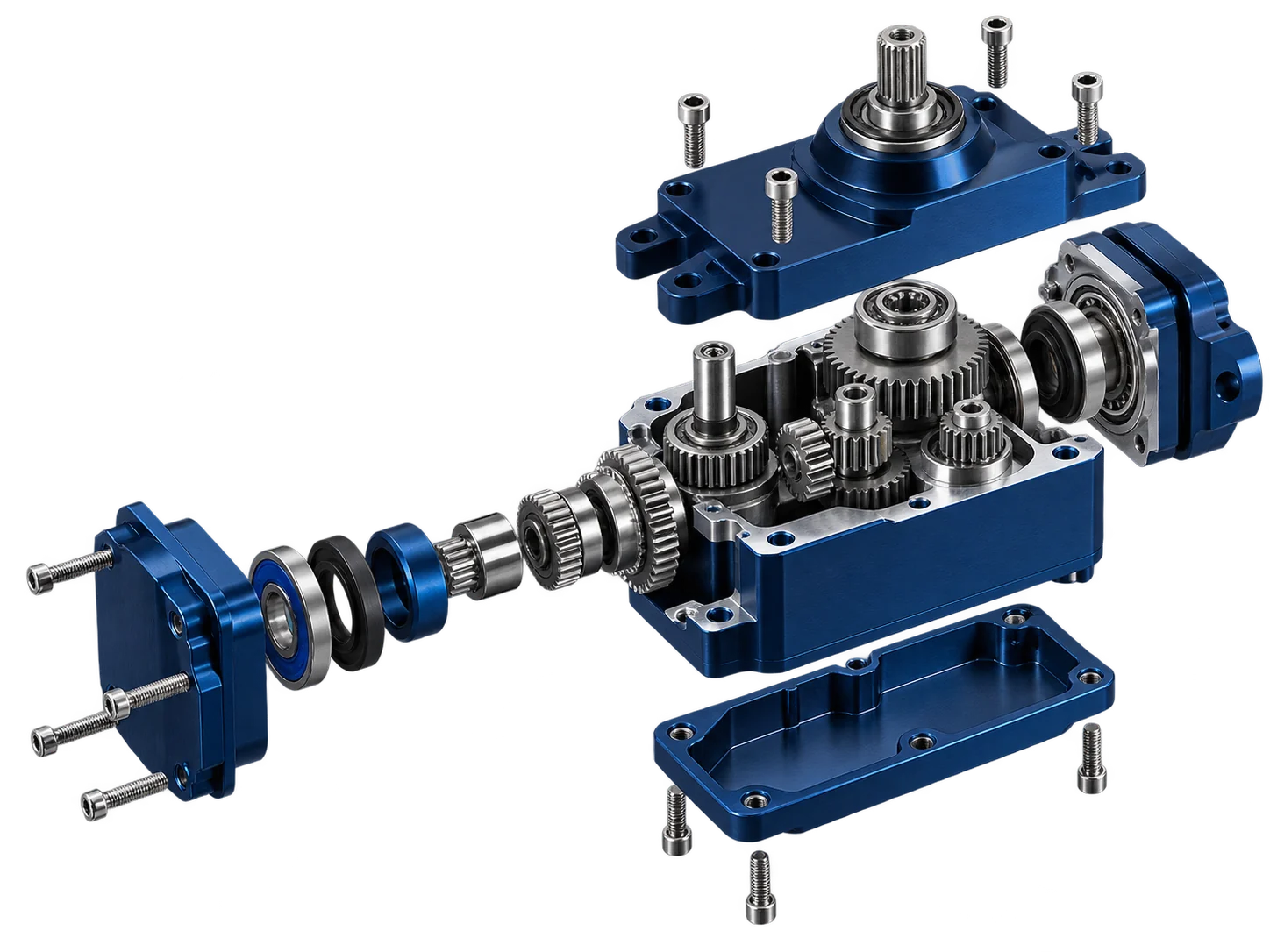 Exploded UAV servo mechanical assembly with machined aluminum housing, steel gears and splined output shaft