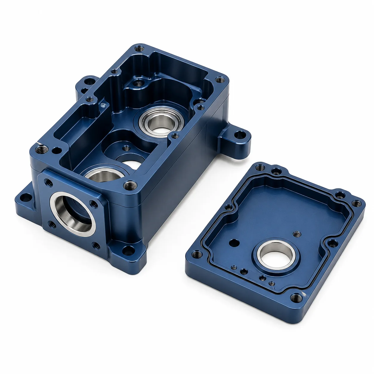 Blue anodized machined aluminum UAV servo housing and cover on a white background