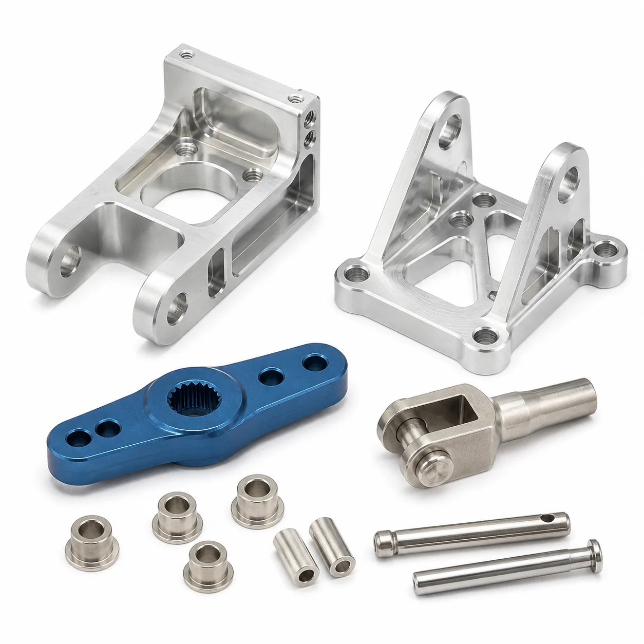 Machined UAV servo mounting bracket and precision linkage hardware on a white background