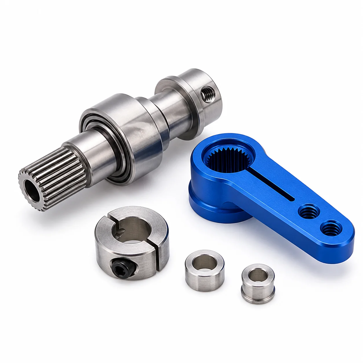 Precision splined output shaft and blue control horn for a UAV servo on a white background