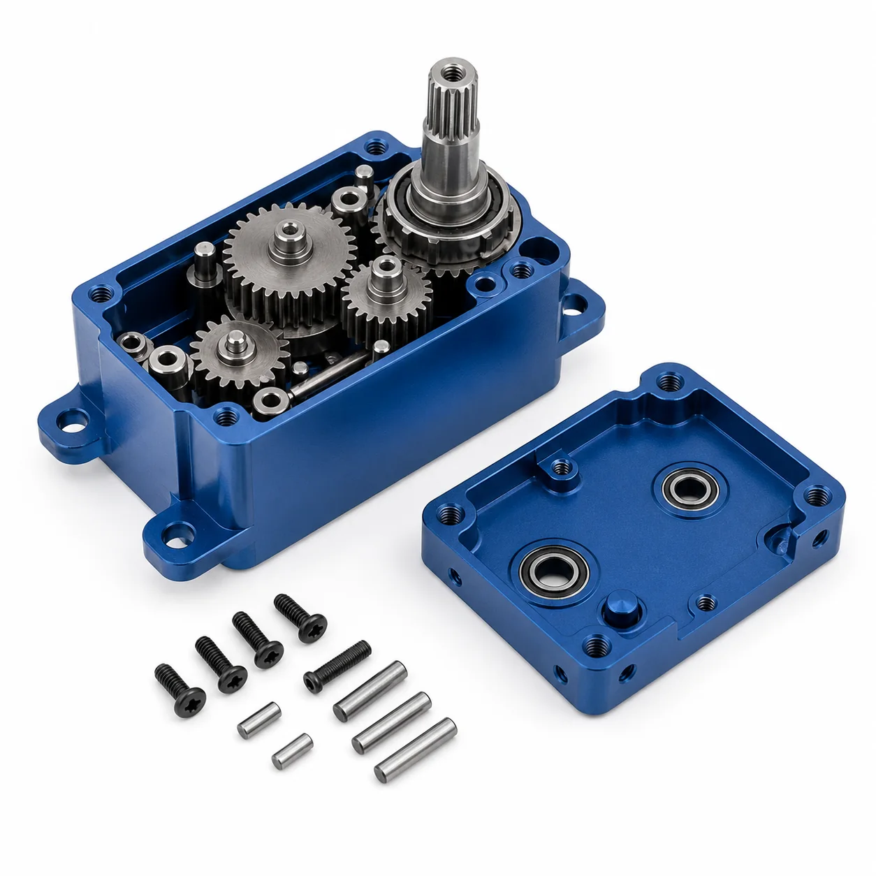 Exploded UAV servo mechanical subassembly showing housing, gears, shafts and output spline
